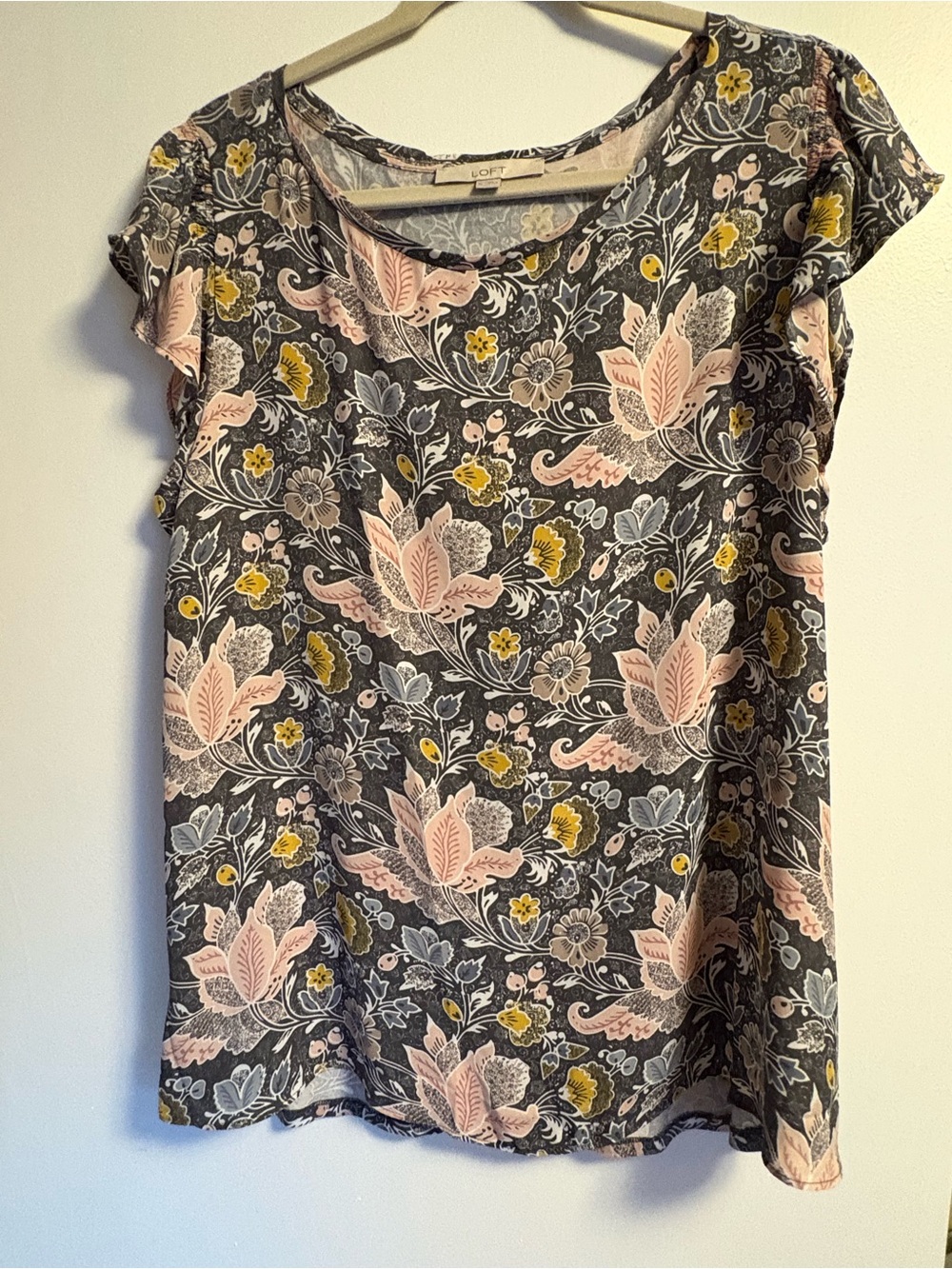 LOFT Floral Scoop-Neck Tee in Charcoal with Pink & Yellow Accents